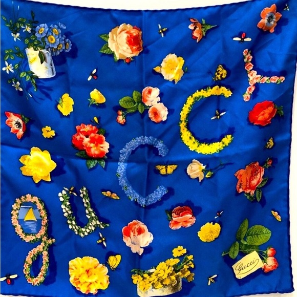 Gucci Accessories - Gucci Silk Scarf with Blue and Orange Floral Design